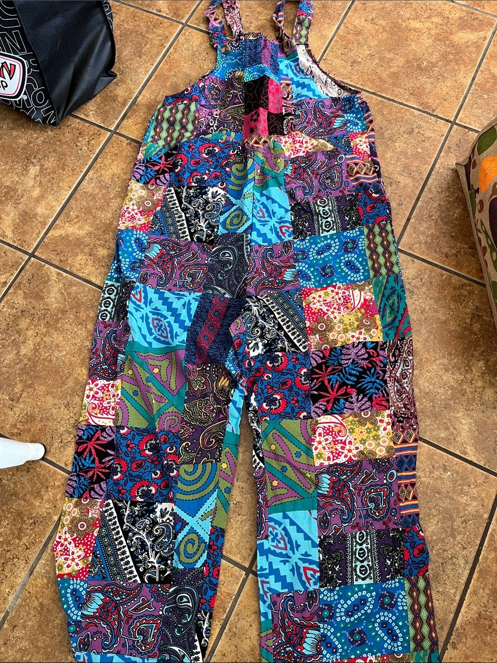 Boho Patchwork Overalls Front Pockets Size Small